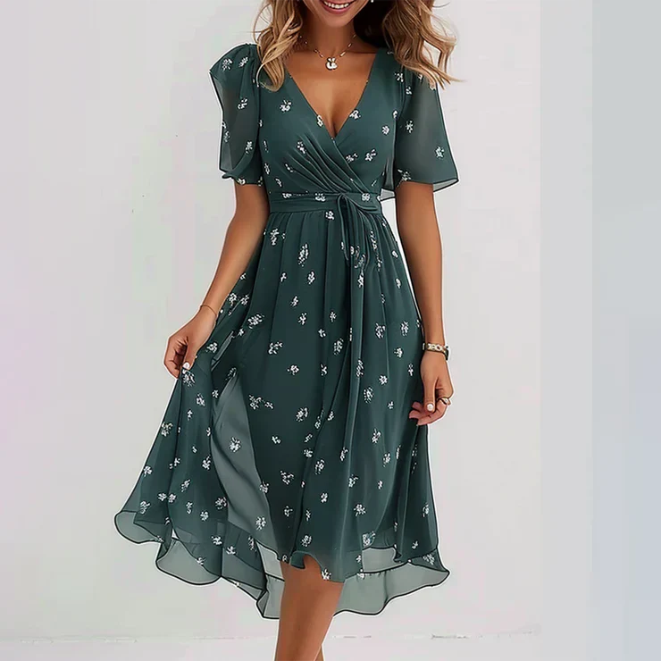 Bianca - Elegantes grünes Wickelkleid mit Blumenmuster