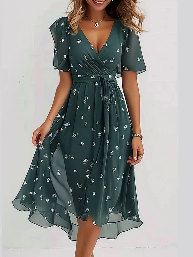 Bianca - Elegantes grünes Wickelkleid mit Blumenmuster
