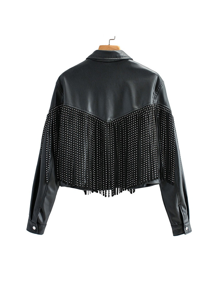 Gaia - Stilvolle Schwarze Herbstlederjacke mit Fransen für Frauen