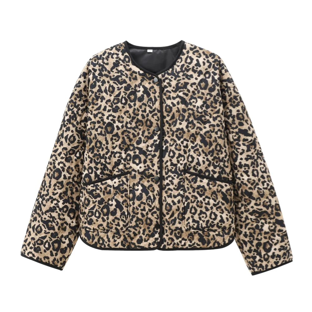 Dove – Warme Lockere Baumwolljacke mit Leopardenmuster und Rundhalsausschnitt
