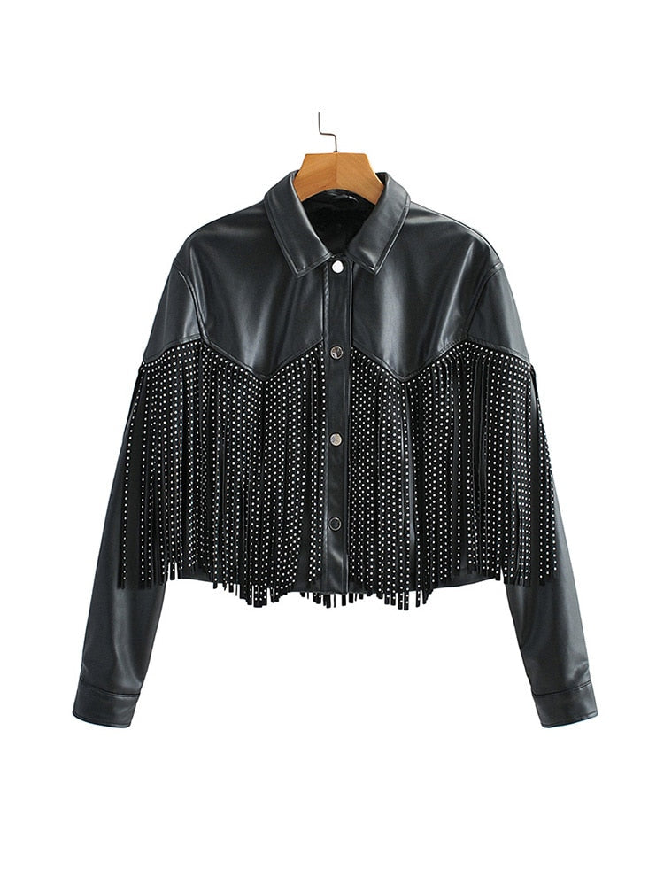 Gaia - Stilvolle Schwarze Herbstlederjacke mit Fransen für Frauen