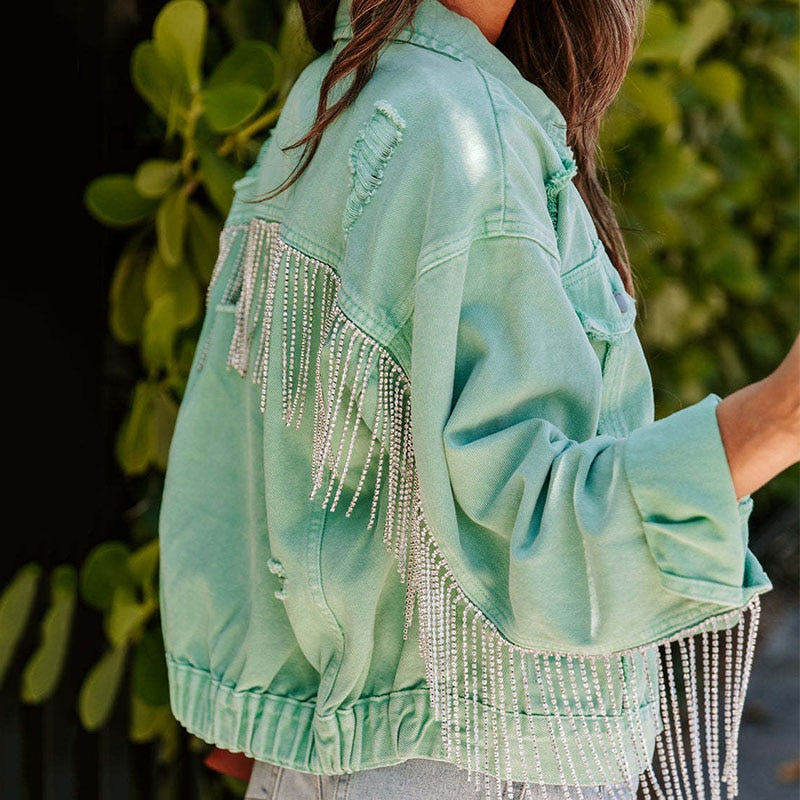 Blanca - Stilvolle und Bequeme Grüne Herbst-Jeansjacke mit Glitzerfransen für Frauen