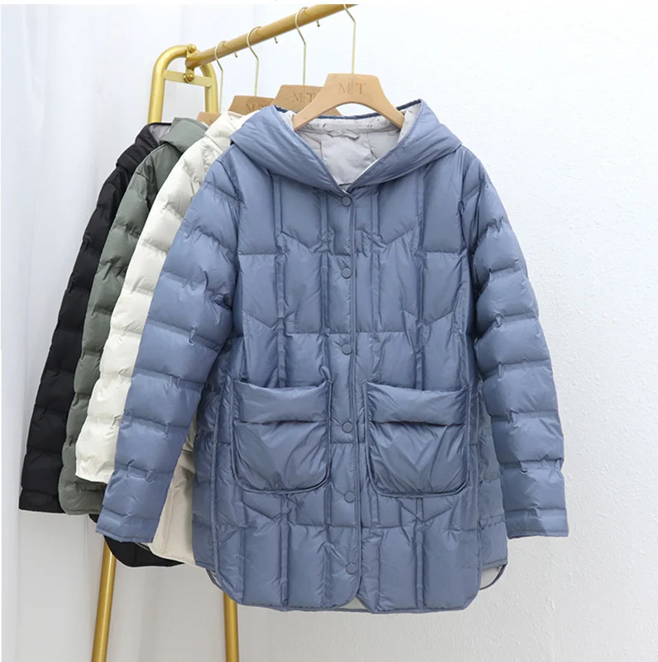 Elouisa - Mittellange Entendaunen-Winterjacke mit Kapuze für Frauen