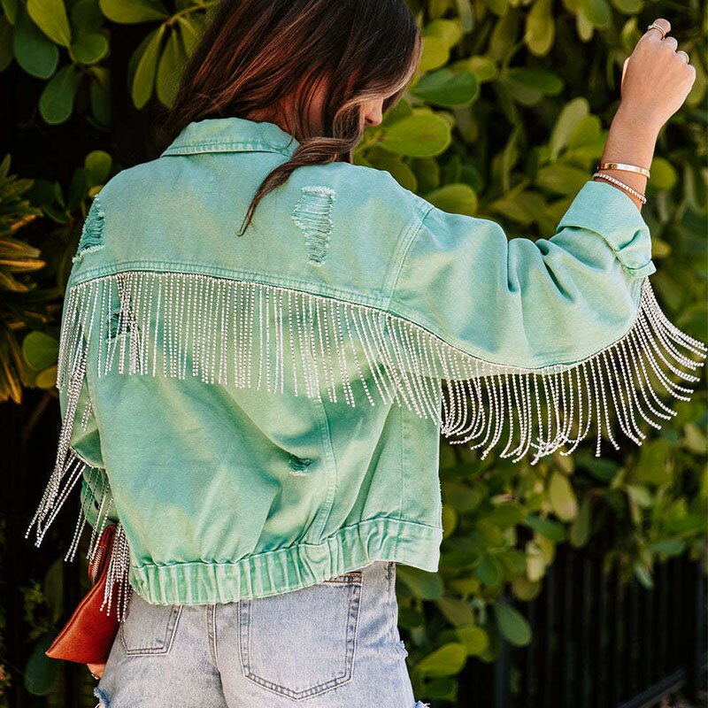 Blanca - Stilvolle und Bequeme Grüne Herbst-Jeansjacke mit Glitzerfransen für Frauen