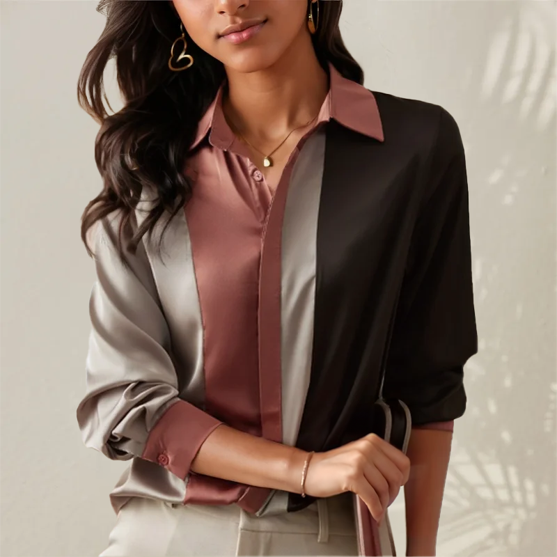 Clara - Elegante Herbst-Patchwork-Gestreifte Satinbluse für Damen