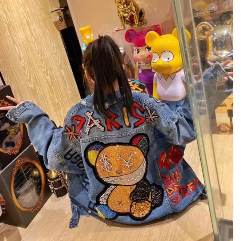 Astrid - Glitzernde Cartoon-Diamant-Denim-Jacke