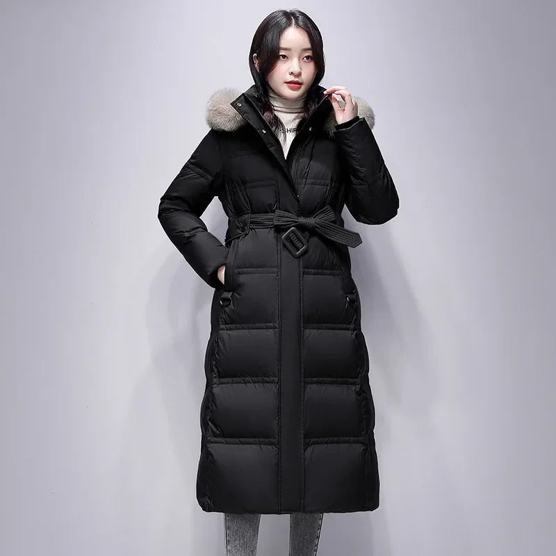 Jeanette - Längere Entendaunen-Winterjacke mit Gürtel für Frauen