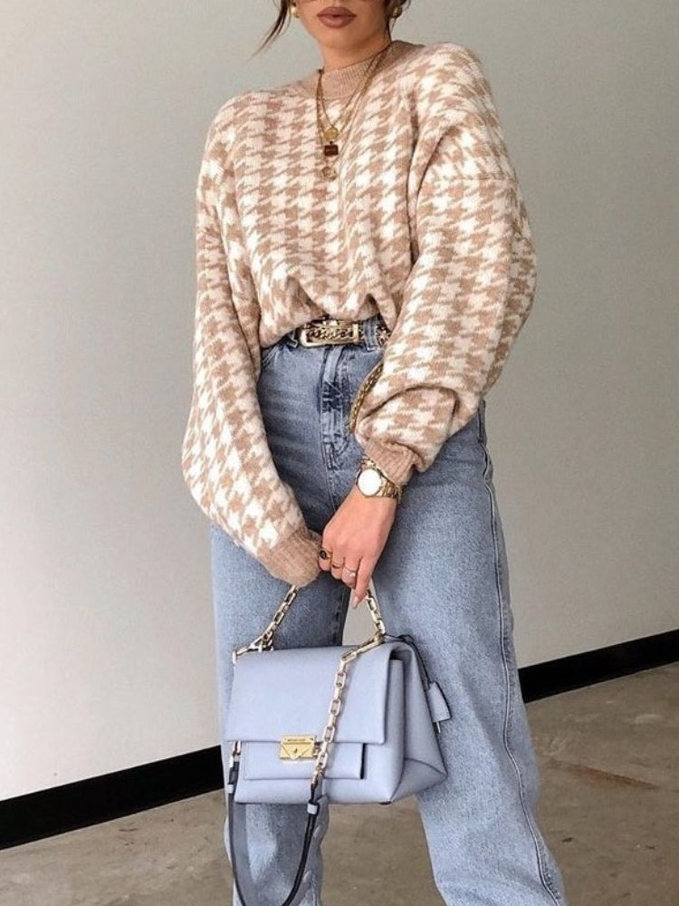 Elsa - Stilvoller Beige/Weiß Geruite Pullover für Frauen