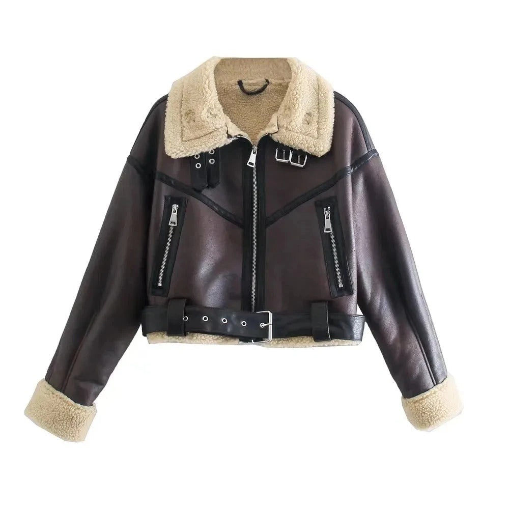Tara – Lässige Lederjacke mit Schaffellkragen und Gürtel